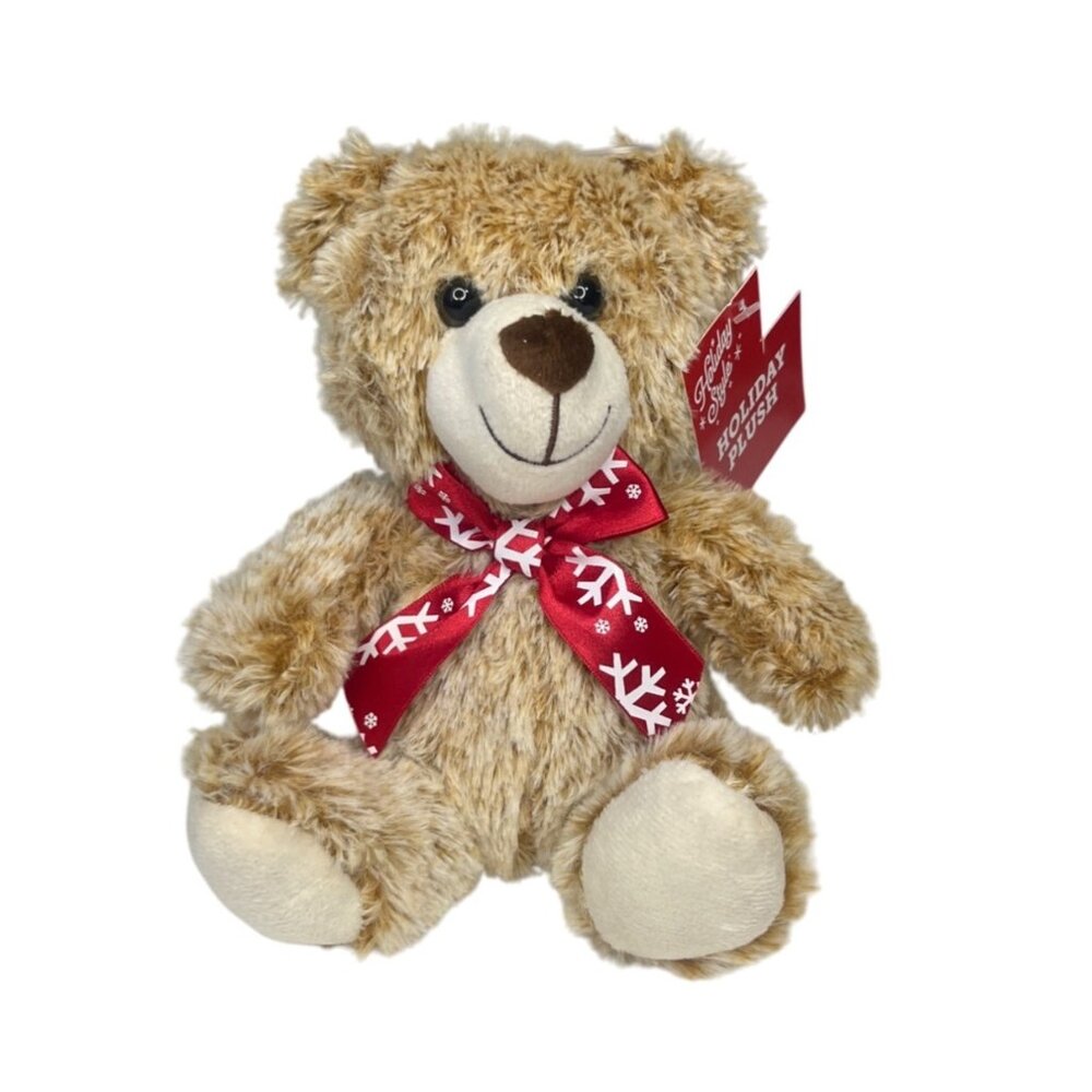 Holiday Style 12" Plush Teddy Bear Brown Red Snowflake Bow Christmas